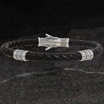 Konstantino Sterling Silver BARREL BEAD BROWN Leather Bracelet for Men