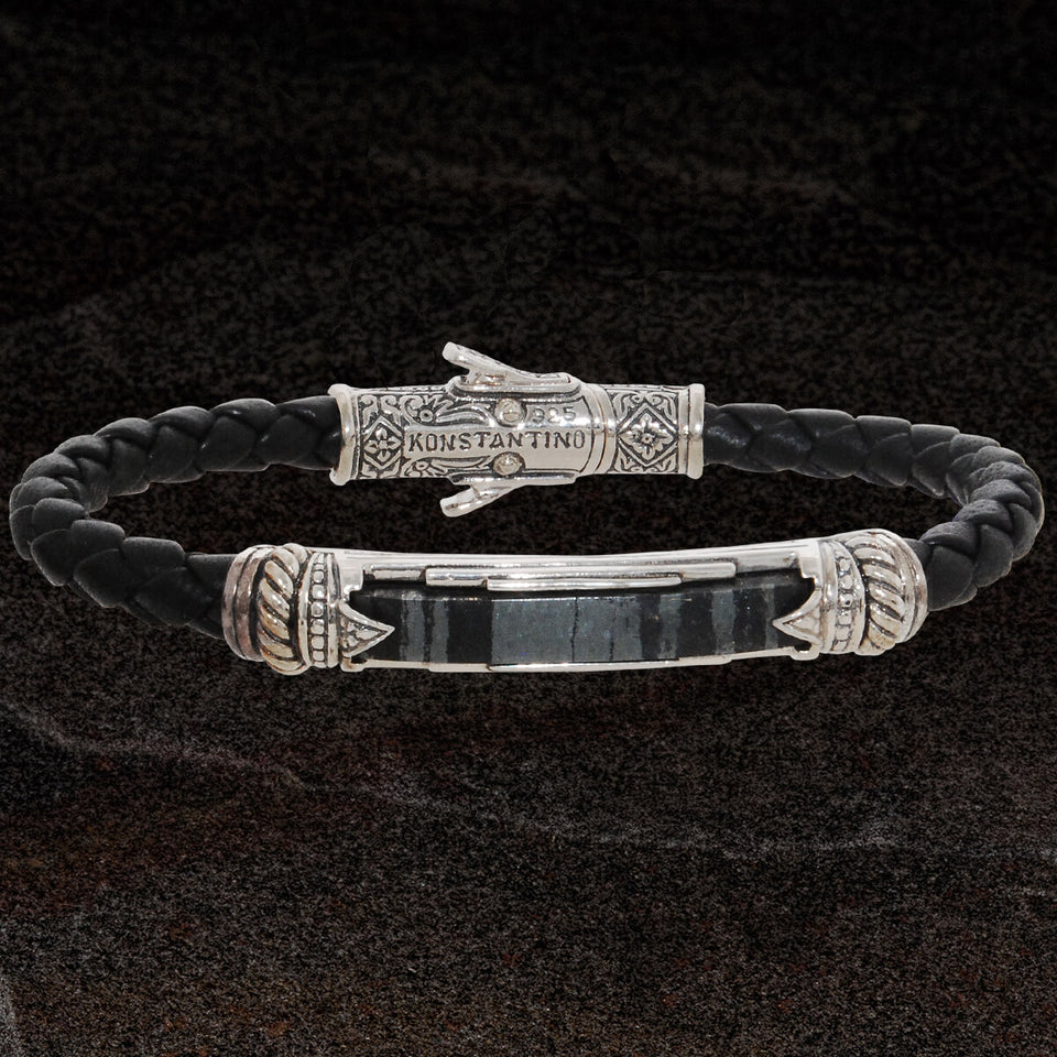 Konstantino FERRITE ID TAG Silver and Braided Leather Mens Bracelet