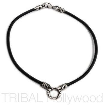 BLACK LEATHER NECKLACE with Silver Warrior Metalwork 