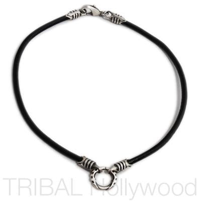 BLACK LEATHER NECKLACE with Silver Warrior Metalwork 