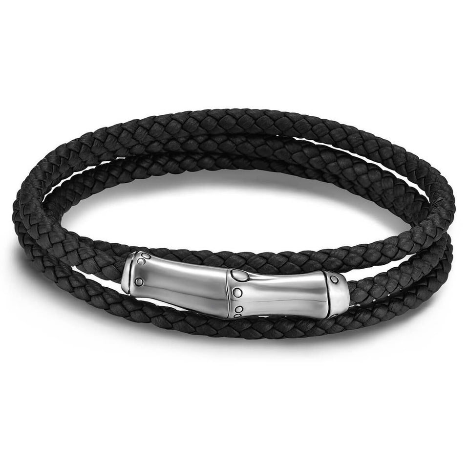 John Hardy Mens Black Leather Triple Wrap Bracelet - Bamboo Collection