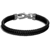 John Hardy Mens Double Strand Braided Black Leather Bracelet with Silver Asli Link