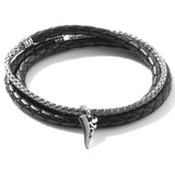John Hardy Mens Keris Dagger Triple Wrap Sterling Silver and Black Leather Bracelet