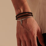 John Hardy Mens Keris Dagger Triple Wrap Sterling Silver and Black Leather Bracelet