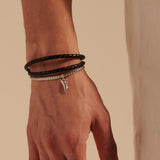 John Hardy Mens Keris Dagger Triple Wrap Sterling Silver and Black Leather Bracelet