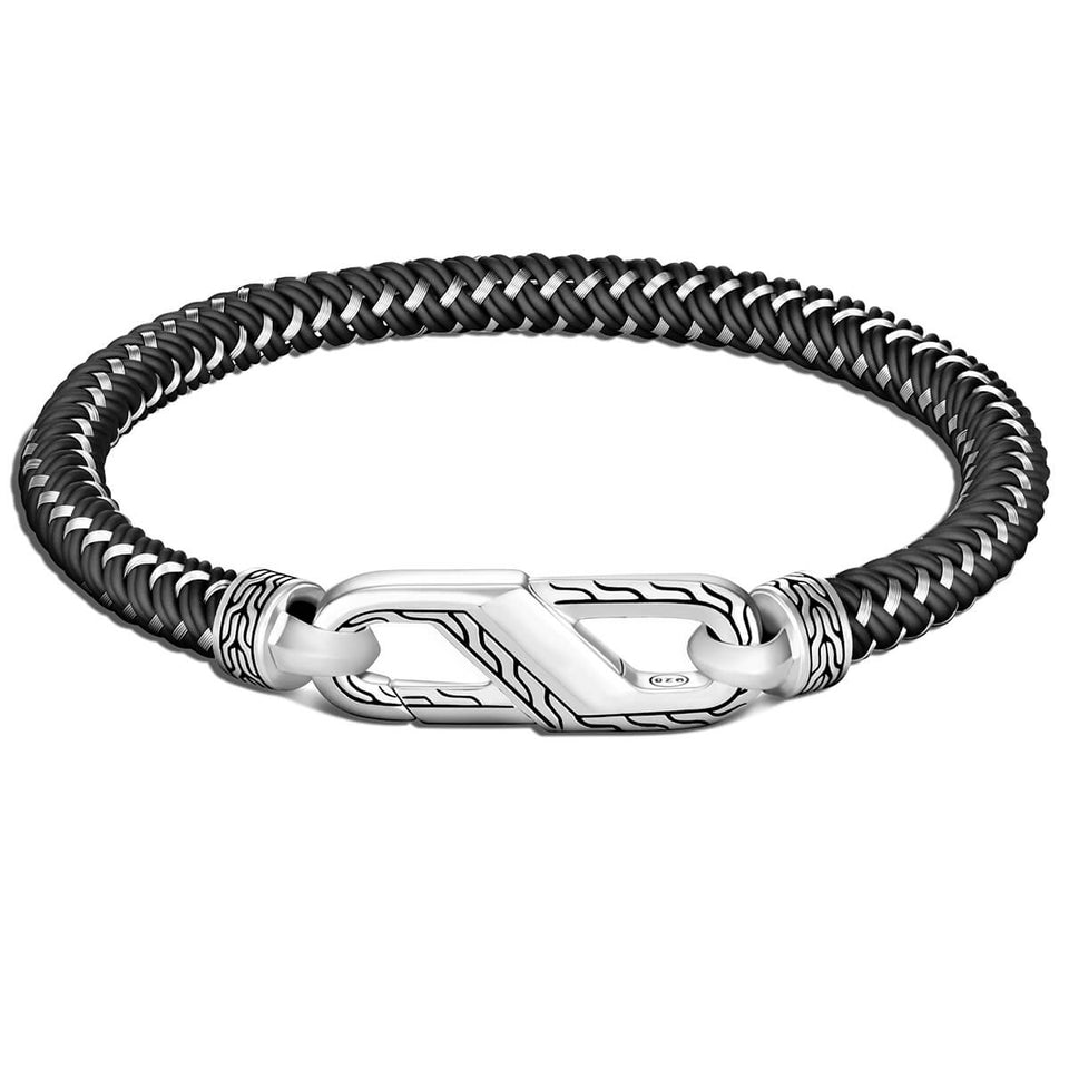 John Hardy Mens 6MM Black Cord Bracelet in Silver with Carabiner Clasp