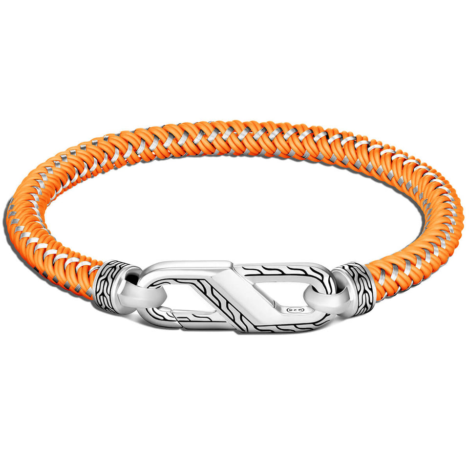 John Hardy Mens 6MM Orange Cord Bracelet in Silver with Carabiner Clasp