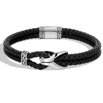 John Hardy Mens Double Strand Braided Black Leather Bracelet with Silver Asli Link