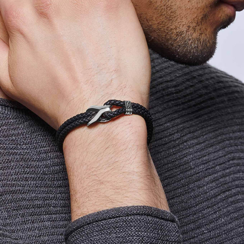 John Hardy Double Strand Leather Mens Bracelet with Silver Asli Link