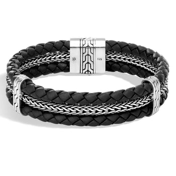 John Hardy Mens Black Leather and Silver Classic Chain Triple Row Bracelet