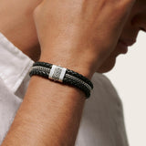 John Hardy Mens Black Leather and Silver Classic Chain Triple Row Bracelet