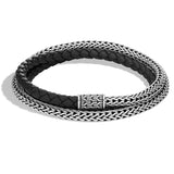 John Hardy Mens Triple Wrap Black Leather and Classic Chain Silver 5mm Bracelet