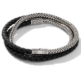 John Hardy Mens Triple Wrap Black Leather and Classic Chain Silver 5mm Bracelet