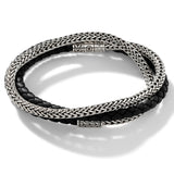 John Hardy Mens Triple Wrap Black Leather and Classic Chain Silver 5mm Bracelet