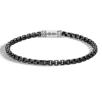 John Hardy Mens Black Rhodium Silver Box Chain Thin Width 4mm Classic Bracelet