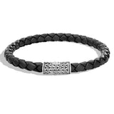 John Hardy Mens Black Braided Leather Bracelet with Silver Classic Chain Station