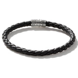 John Hardy Mens Black Braided Leather Bracelet with Silver Classic Chain Station