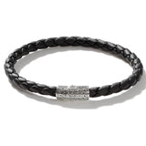 John Hardy Mens Black Braided Leather Bracelet with Silver Classic Chain Station