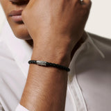 John Hardy Mens Black Braided Leather Bracelet with Silver Classic Chain Station
