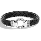 John Hardy Mens Silver Ring Clasp Black Leather Bracelet - Classic Chain Collection