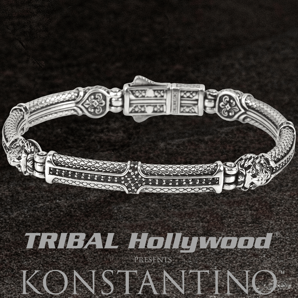 Konstantino GUARDIAN LION BLACK SPINEL Etched Silver Cuff Bracelet