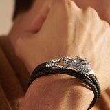 John Hardy Mens Legends Naga Dragon Leather and Silver Twin Strand Double Wrap Bracelet