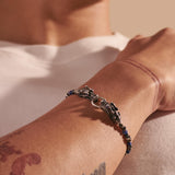 Model Wearing John Hardy Mens Legends Naga Dragon Silver and Blue Beaded Bracelet