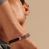 John Hardy Mens Legends Naga Dragon Black Leather and Silver 10mm Bracelet