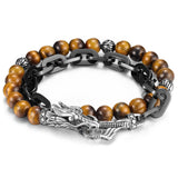 John Hardy Mens Legends Naga Dragon Double Wrap Tiger Eye and Black Steel Bracelet