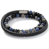 John Hardy Mens Triple Wrap Black Woven Leather and Bead Bracelet with Sodalite, Black Picture Jasper, and Onyx Beads