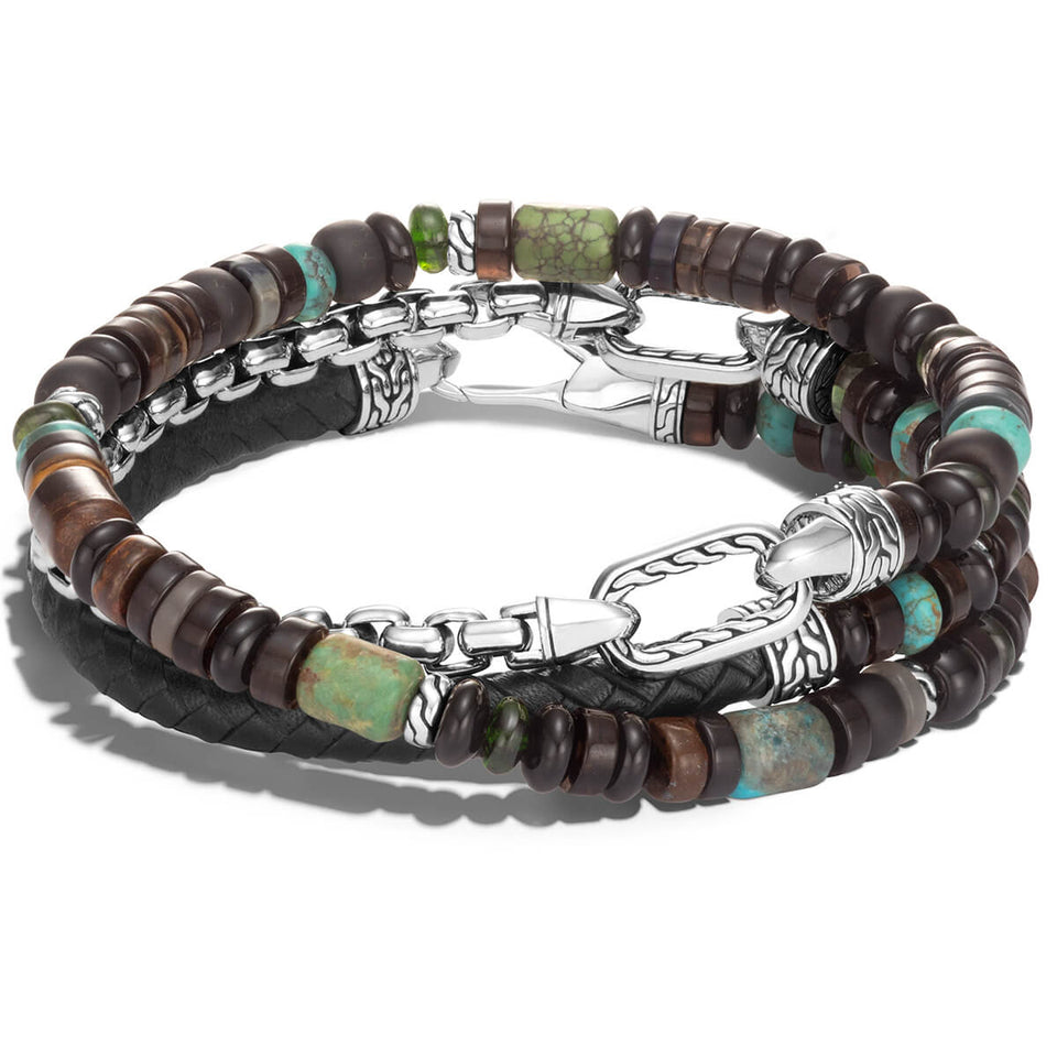John Hardy Mens Triple Wrap Bracelet with Leather Silver and Green Brown Stone Beads