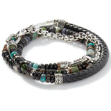 John Hardy Mens Triple Wrap Bracelet with Leather Silver and Green Brown Stone Beads