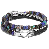 John Hardy Mens Triple Wrap Bracelet with Leather Silver Multi-Stone Blue Beads