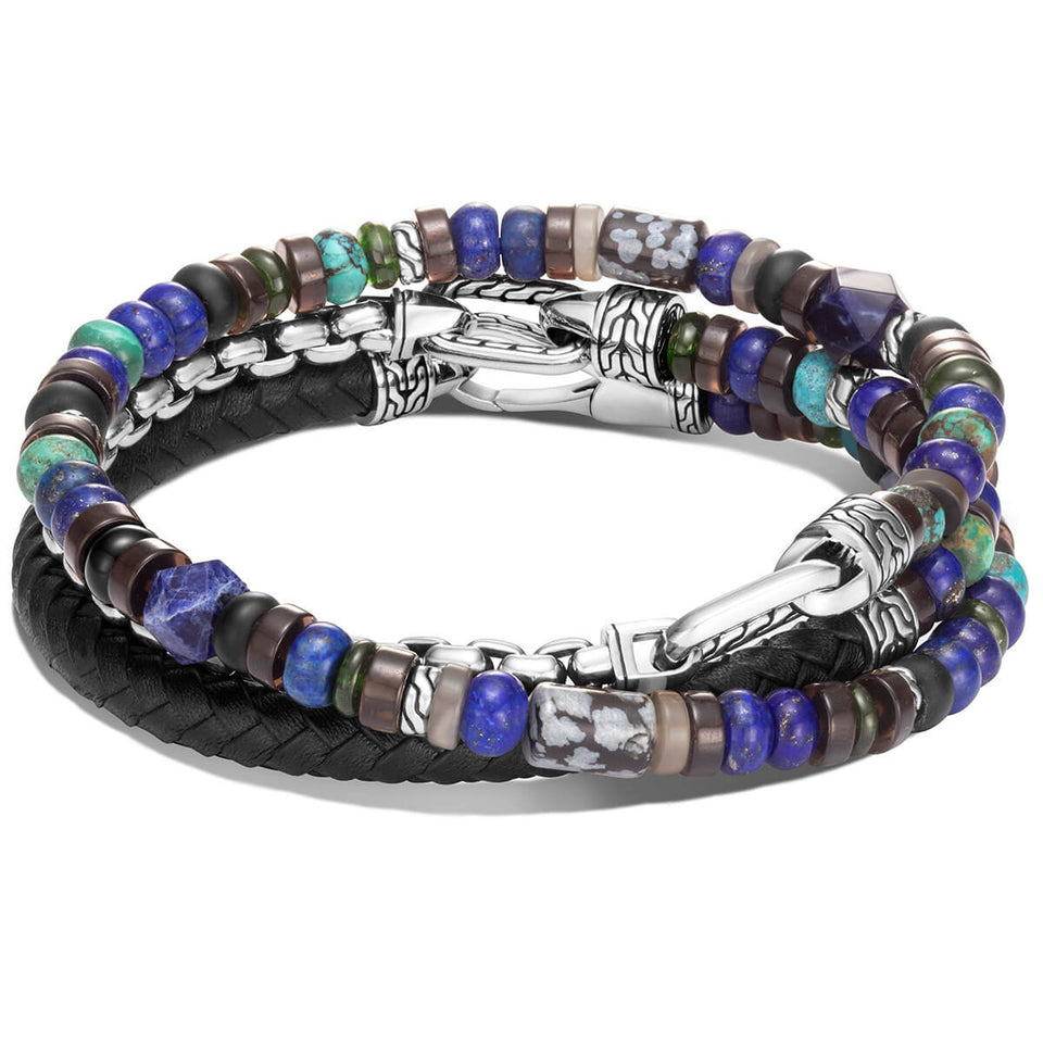 John Hardy Mens Triple Wrap Bracelet with Leather Silver Multi-Stone Blue Beads