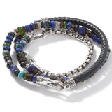 John Hardy Mens Triple Wrap Bracelet with Leather Silver Multi-Stone Blue Beads