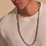 Model Wearing John Hardy Mens Transformable Multi-Wrap Silver and Bead Hybrid Bracelet and Necklace - Full Necklace