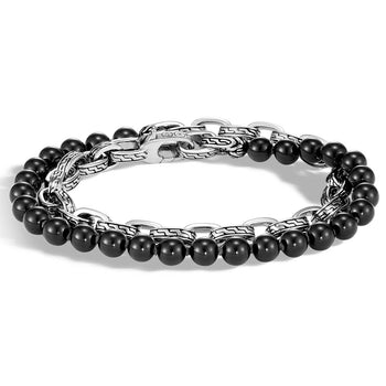 John Hardy Mens Black Onyx Bead and Silver Classic Chain Double Wrap Bracelet