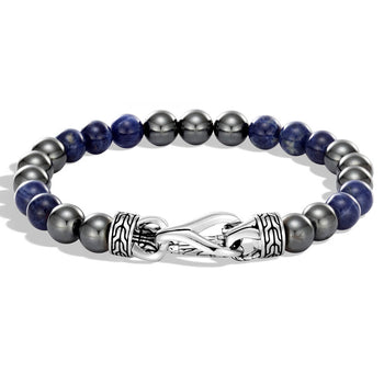John Hardy Mens Blue Sodalite and Hematite Bead Bracelet with Silver Asli Classic Chain Clasp