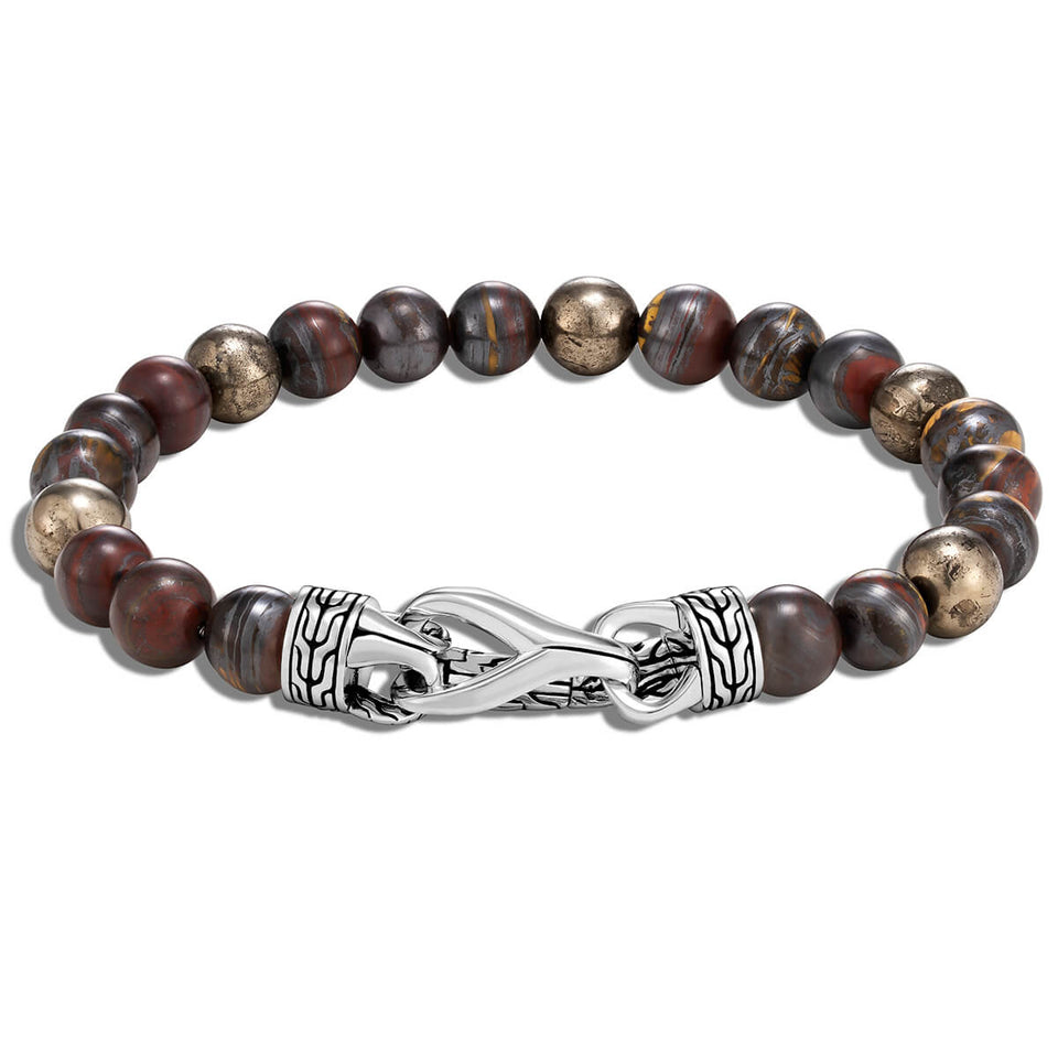 John Hardy Mens Red Tiger Iron and Pyrite Bead Bracelet with Silver Asli Classic Chain Clasp
