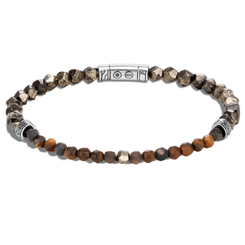 John Hardy Mens 4mm Thin Bead Bracelet with Pyrite, Tiger Iron, Smoky Quartz, Silver Calcite
