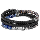 John Hardy Mens Triple Wrap Black Leather and Multi-Bead Bracelet with Silver Hook Clasp