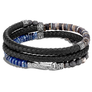 John Hardy Mens Triple Wrap Black Leather and Multi-Bead Bracelet with Silver Hook Clasp