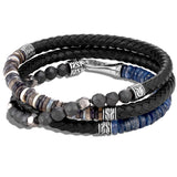 John Hardy Mens Triple Wrap Black Leather and Multi-Bead Bracelet with Silver Hook Clasp