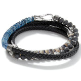 John Hardy Mens Triple Wrap Black Leather and Multi-Bead Bracelet with Silver Hook Clasp