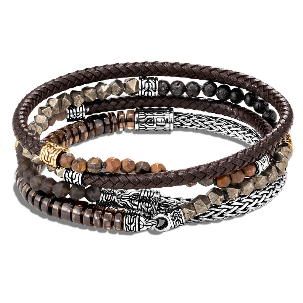 John Hardy Mens Multi-Wrap Brown Leather Silver and Bead Bracelet