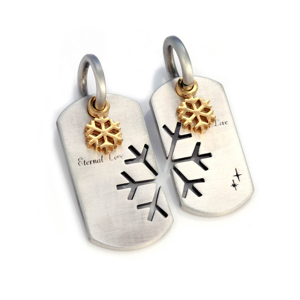 ETERNAL LOVE Pair of Matching Dog Tag Pendants w Snowflakes by Bico