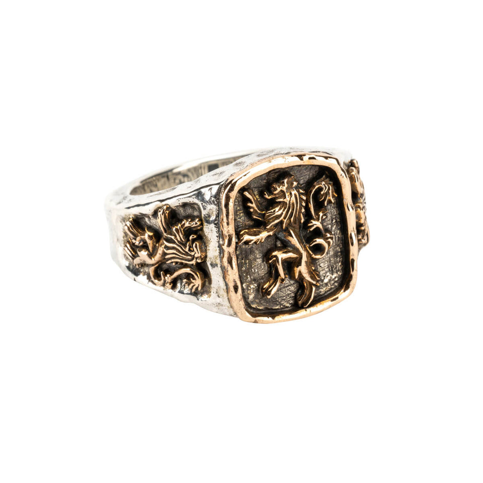 Bronze and Silver LION RAMPANT Mens Signet Ring from Petrichor by Keith Jack