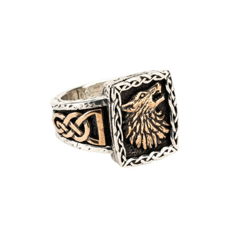 Bronze and Silver WOLF Mens Signet Ring with Celtic Knots from Petrichor by Keith Jack