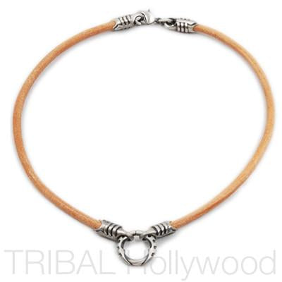 BROWN LEATHER NECKLACE with Silver Warrior Metalwork