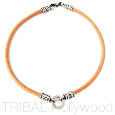 BROWN LEATHER NECKLACE with Silver Tribal Metalwork
